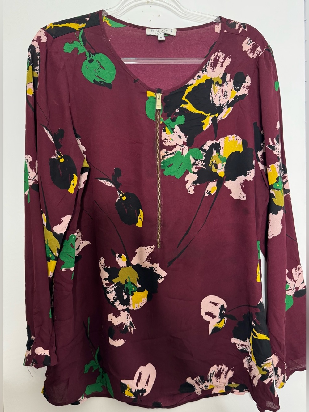 Chaus Burgundy Floral Zip-Front Long Sleeve Blouse fall gold accent size xl